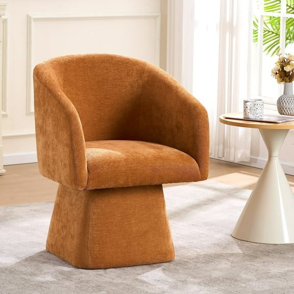 ENYLAY Swivel Modern Accent Chair,Luxury Fabric Upholstered Makeup Chair Comfy Barrel Chair with No Wheels,360°Rotating Vanity Armchair for Living Room Bedroom Office (Orange, Set of 1)