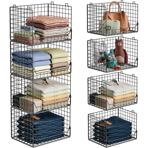 4-Tier Extra Height Stackable Closet Organizer – Foldable Storage Bins for Sweaters, Jeans, and Clothes – Sturdy Iron Mesh Shelves for Neat and Efficient Closet Storage – Black