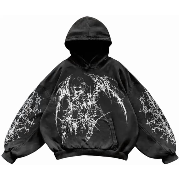 Silver Basic Unisex Y2K High Street Printed Retro Punk Style Loose Hoodie Sweatshirt S,Black1-1