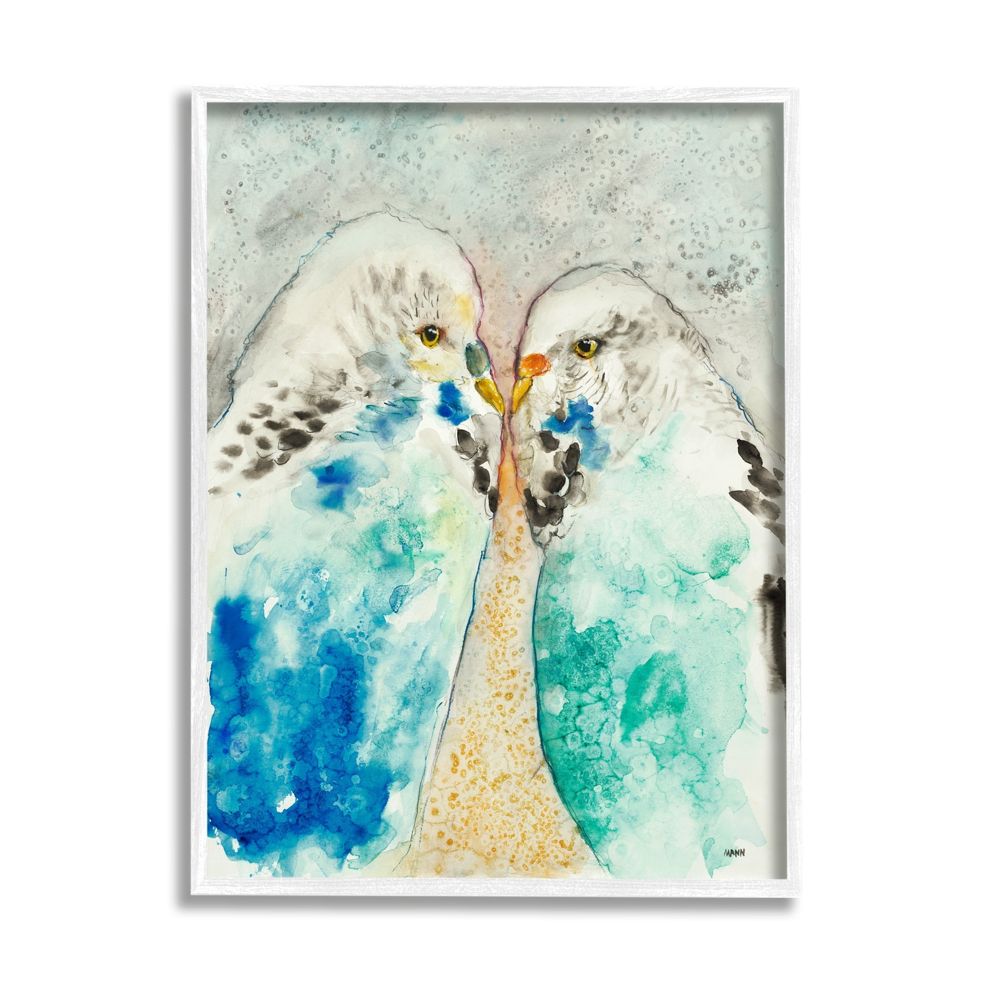 Stupell Industries Pair Blue Parakeets Birds Dotted Watercolor Detail Painting White Framed Art Print Wall Art, Design by Patti Mann