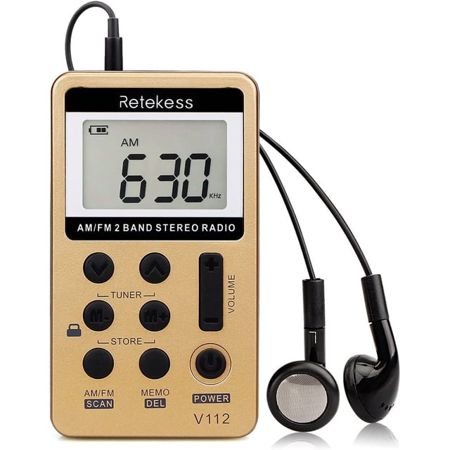 V112 AM/FM Radio de bolsillo personal Mini receptor portátil con batería recargable, auricular de 3,5 mm (dorado) Sincero Electrónica