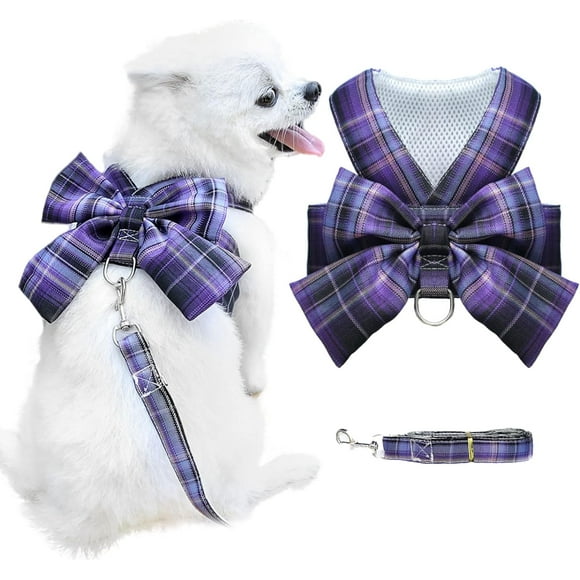 Dog Harness for Small Dogs with Bow Small Harness for Dogs with D-Ring Soft Mesh Adjustable Harness Set Puppy Pet Harness and Leash (Purple XXL)