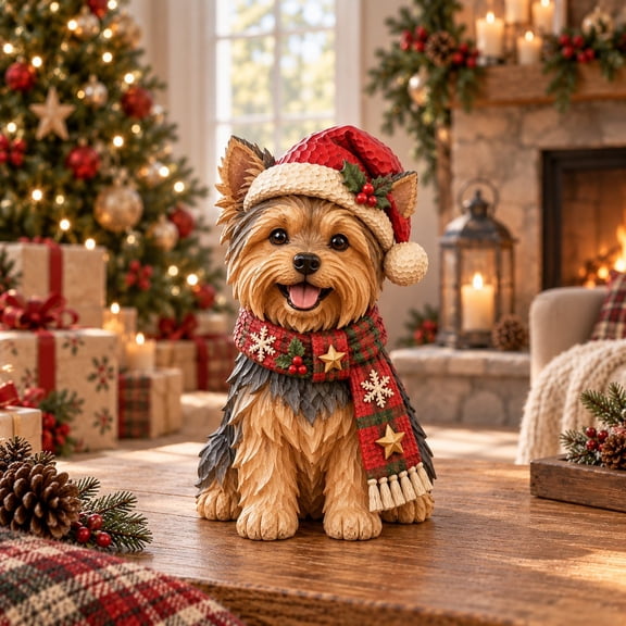 Yorkshire Terrier Santa Hat Christmas Wooden Block 3 Layer Figurine for Dog Lover Tabletop Decor