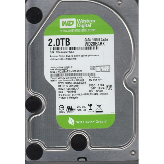 WD20EARX-00PASB0, DCM HARNNTJCA, Western Digital 2TB SATA 3.5 Hard Drive
