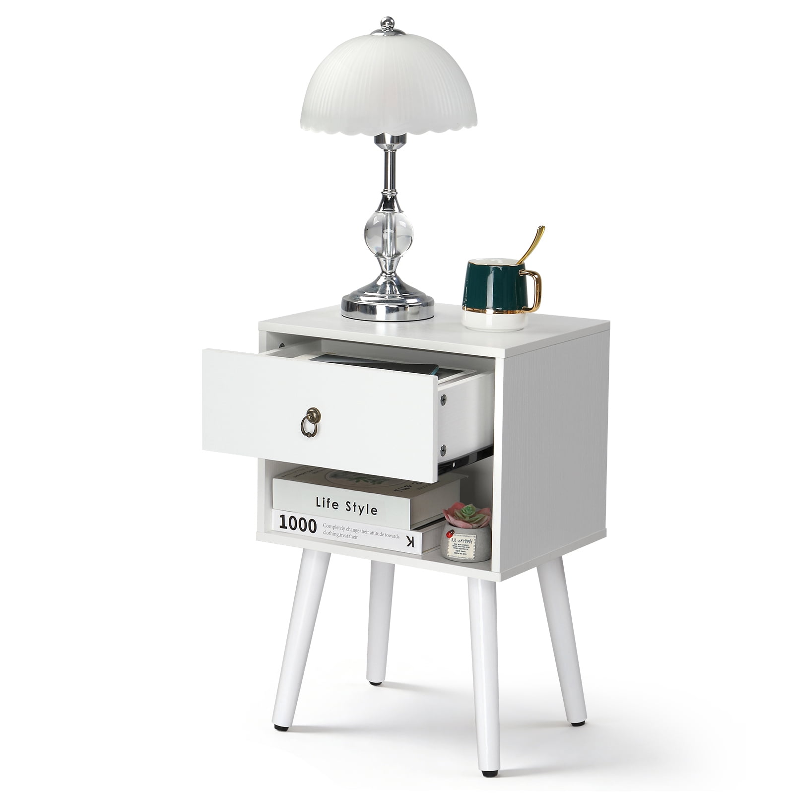 Bedside Table, White P2 Particleboard With Solid Wood Legs, Linen-Textured Melamine Finish, And Ring Pull Handle, 38*30*55cm