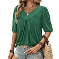 thumbnail image 4 of Olyvenn Womens Puff Half Sleeve Summer Tunic Tops Casual Chest Pleated Shirts V Neck Work Blouse for Women Dressy Green S, 4 of 8