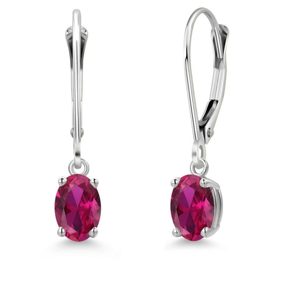 Gem Stone King 14K White Gold Red Created Ruby Leverback Dangle Earrings for Women | 1.00 Cttw | Gemstone July Birthstone | Oval 6X4MM