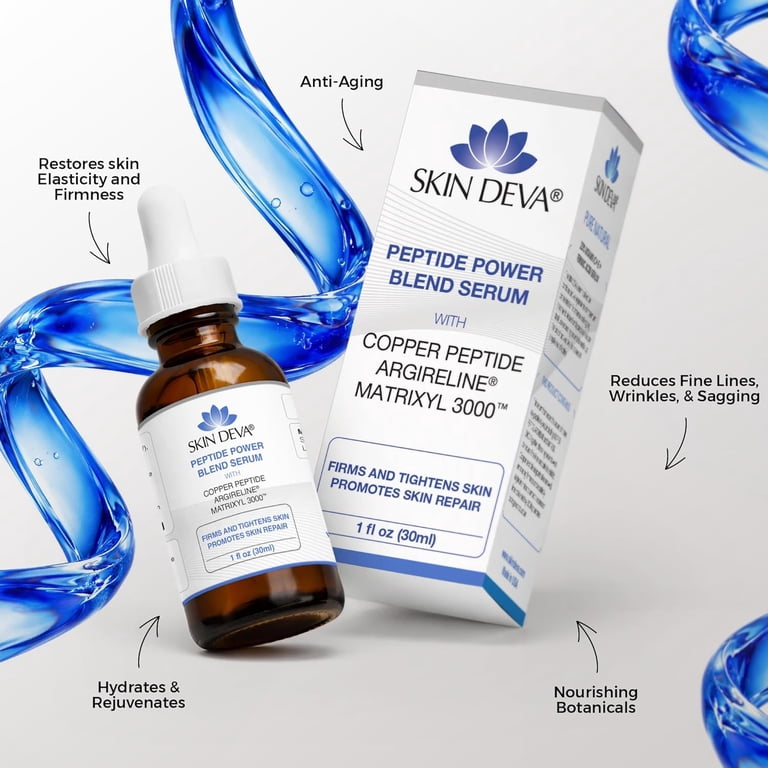 Skin Deva Copper Peptide GHK-Cu Serum with Hyaluronic Acid, Argireline & Matrixyl 3000, Lightweight Hydrating Facial Serum, 1 fl oz
