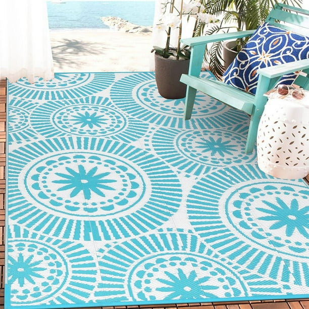 Alfombra de exterior Ilead, 152 x 244 cm, impermeable y reversible, color verde azulado