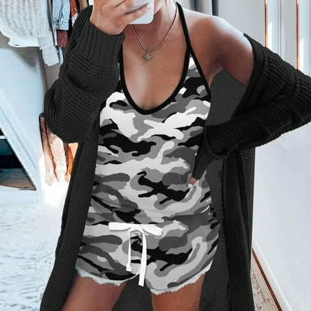

NEGJ Women Heart Camouflage Strawberry Printing Pajamas Sleeveless Cami Shorts Lingerie Sleepwear Set S/M/L/XL/XXL