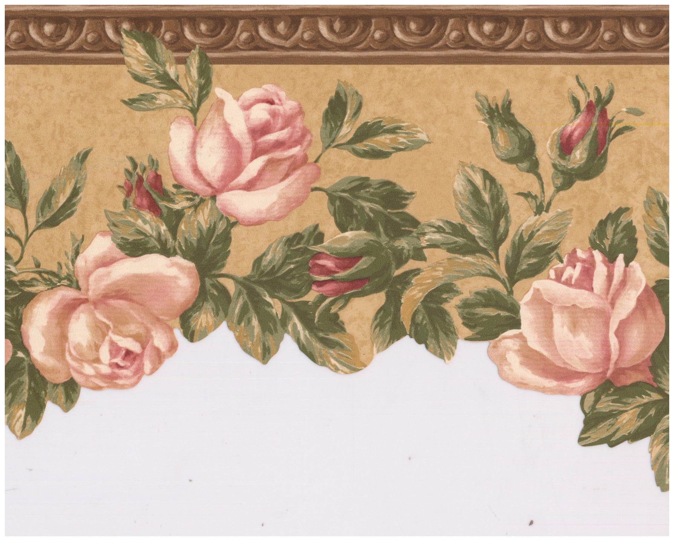 Prepasted Wall Border Bloomed Roses On Vine Scalloped Brown Wallpaper