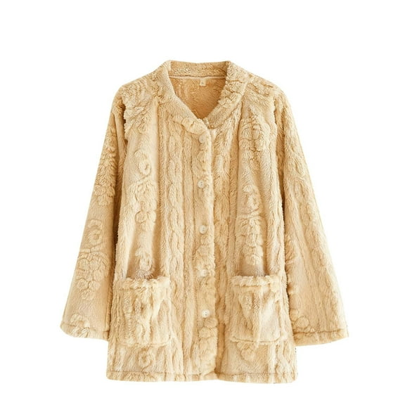 HAiming Women Fleece Pajama Tops Button down Sleepwear Fuzzy Jacket Long Sleeve Soft Warm Winter Coat with Pockets
