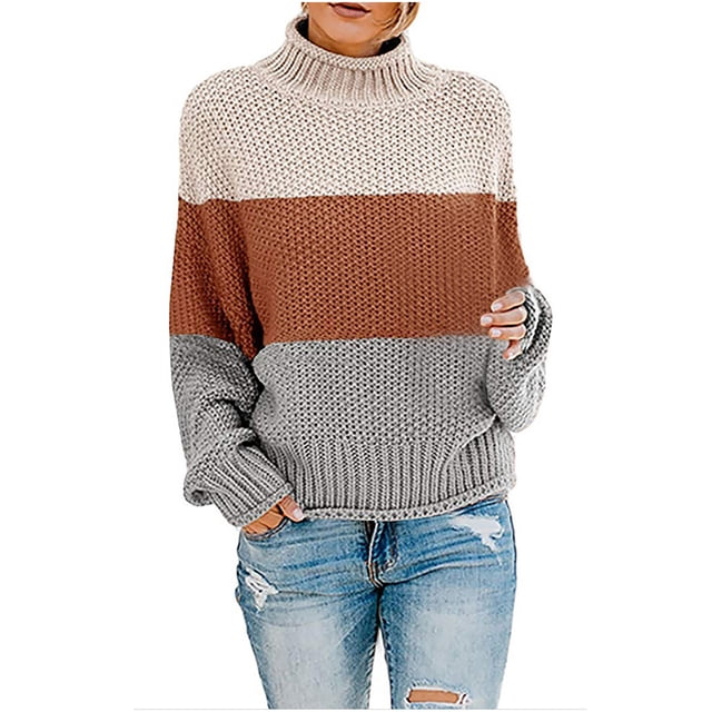 Rbaofujie Chandails pour Femmes Hiver Femmes Tricot Agencement de Couleurs Col Rond Ample Décontracté Hauts de Chandail Orange Chandail à Capuchon pour Femmes