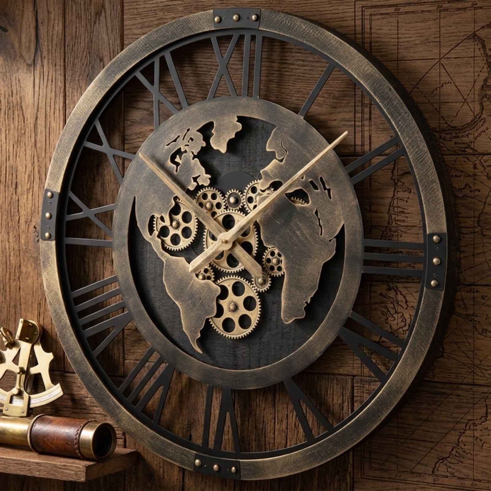 Vebreda Large Wall Clock 27 Gear Clock with World Map, Non-Ticking Performance, Effortless Time Reading, Space-Saving Decoration