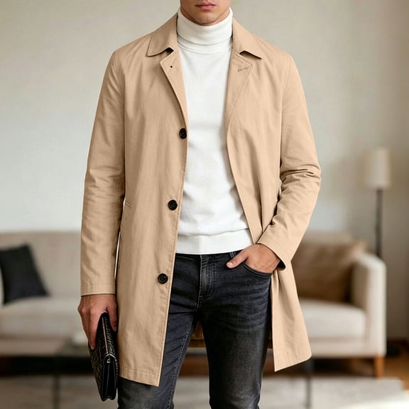 Men's Classic Trench Coat, Solid Color Spring Outerwear With Lapel Collar, Double Breasted Coat With Side Pockets Khaki XL