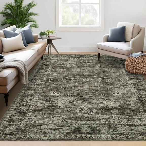 Garvee 8'x10' Area Rugs Vintage Persian Floral Rug, Non-Slip Backing Washable Rugs, Low Pile Distressed Indoor Carpet for Living Room Bedroom Home Office, Brown