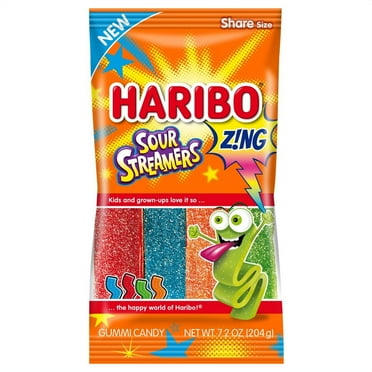 HARIBO Zing Sour Streamers Gummies Original Assorted Fruit Flavor Sour Gummy Candy, 7.2oz, Share Size Bag