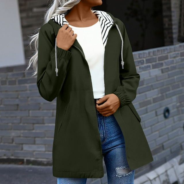 RBCKVXZ Imperméables pour Femmes à Fermeture Éclair, Manteau de Pluie Doublé à Rayures avec Capuchon, Long Trench avec Poche, Mode Randonnée Voyage Coupe-Vent Vert Armée P