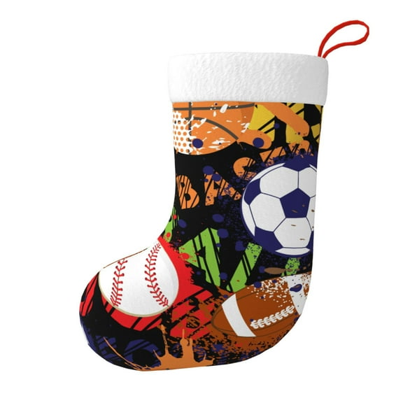 Christmas Stockings Sport Balls Baseball Basketball Soccer Football Pattern Large Hanging Xmas Sock Gift Bag Classic Fireplace Decor for Home, Party, and Family Celebration