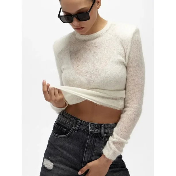 Suéter de punto fino con cuello redondo y manga larga para mujer, jersey elegante ajustado, ropa de calle para desplazamientos diarios, otoño 2024