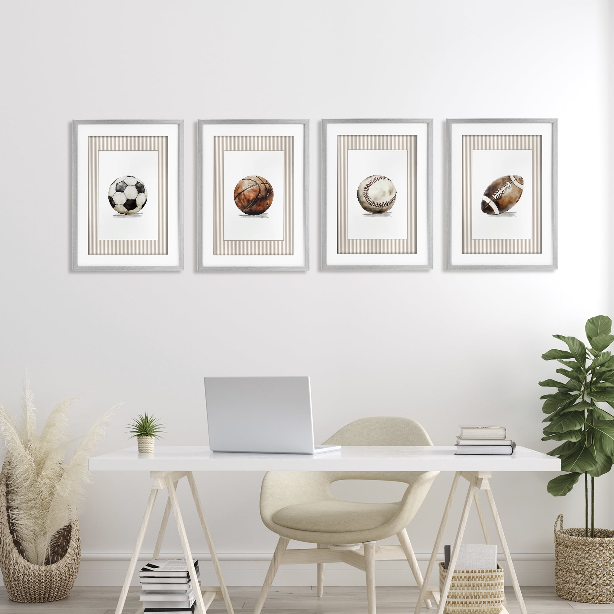 Stupell Industries Vintage Sports Beige Stripes 4 Piece Gray Framed Print Under Glass Set, design by Christine Simpson Art