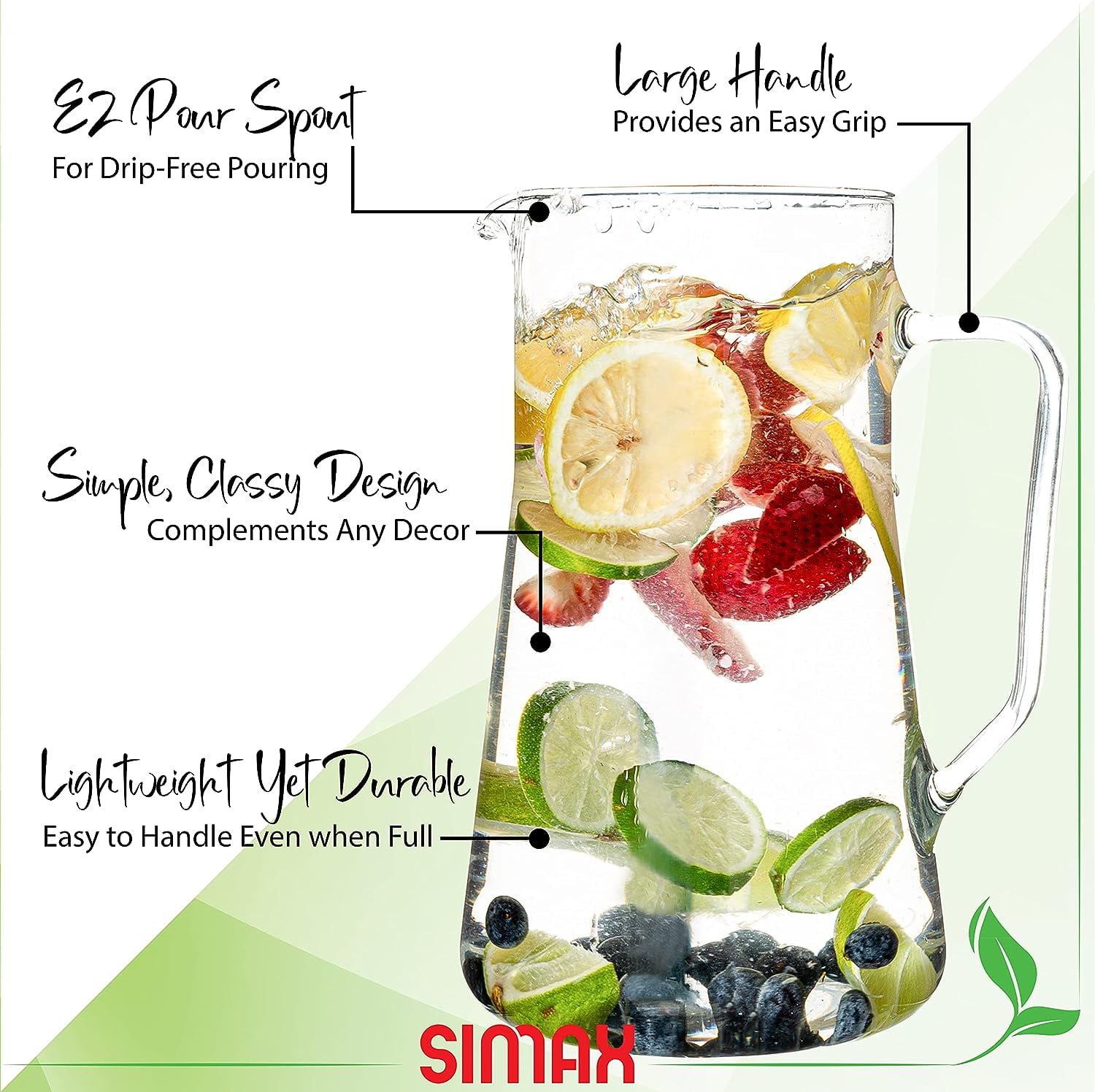 SIMAX 2.5-Qt Borosilicate Glass Pitcher with Spout & Handle for Water, Sangria & Iced Tea