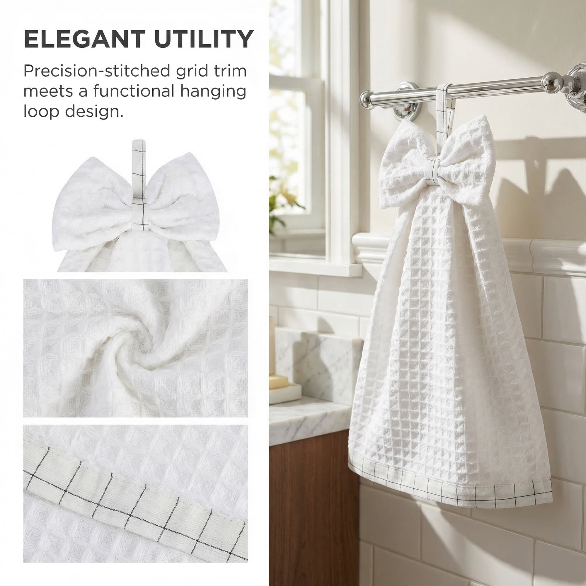 Unique Bargains 2 Pack Waffle Weave Hanging Hand Towels with Bowknot White 13" x 9"