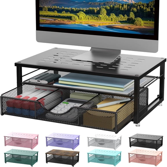 Computer Monitor Stand Riser, Desk Organizers and Accessories with Drawer, Office Desk Accessories & Workspace Desktop Organizers Storage for Printer Stand (Black)