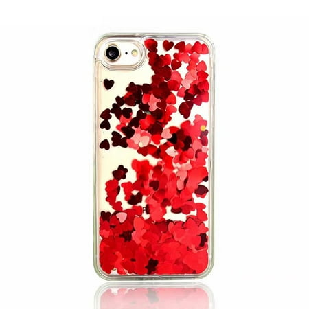 For iPhone 5 5s SE 6 6s 6 PLUS 6s PLUS 7 7 PLUS Floating Red Hearts Liquid Waterfall Bling Glitter