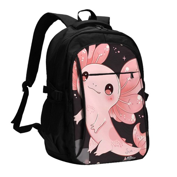 Easygdp Cute Axolotl Sakura Blossoms A Mochila para Laptop de Viaje con Puerto USB, Mochila para Laptop con Puerto de Carga USB para Mujeres y Hombres