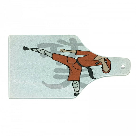 Kung Fu Cutting Board, Eastern Martial Art Sports Themed Cartoon Warrior, Decorative Tempered Glass Cutting and Serving Board, in 3 Sizes, by Ambesonne