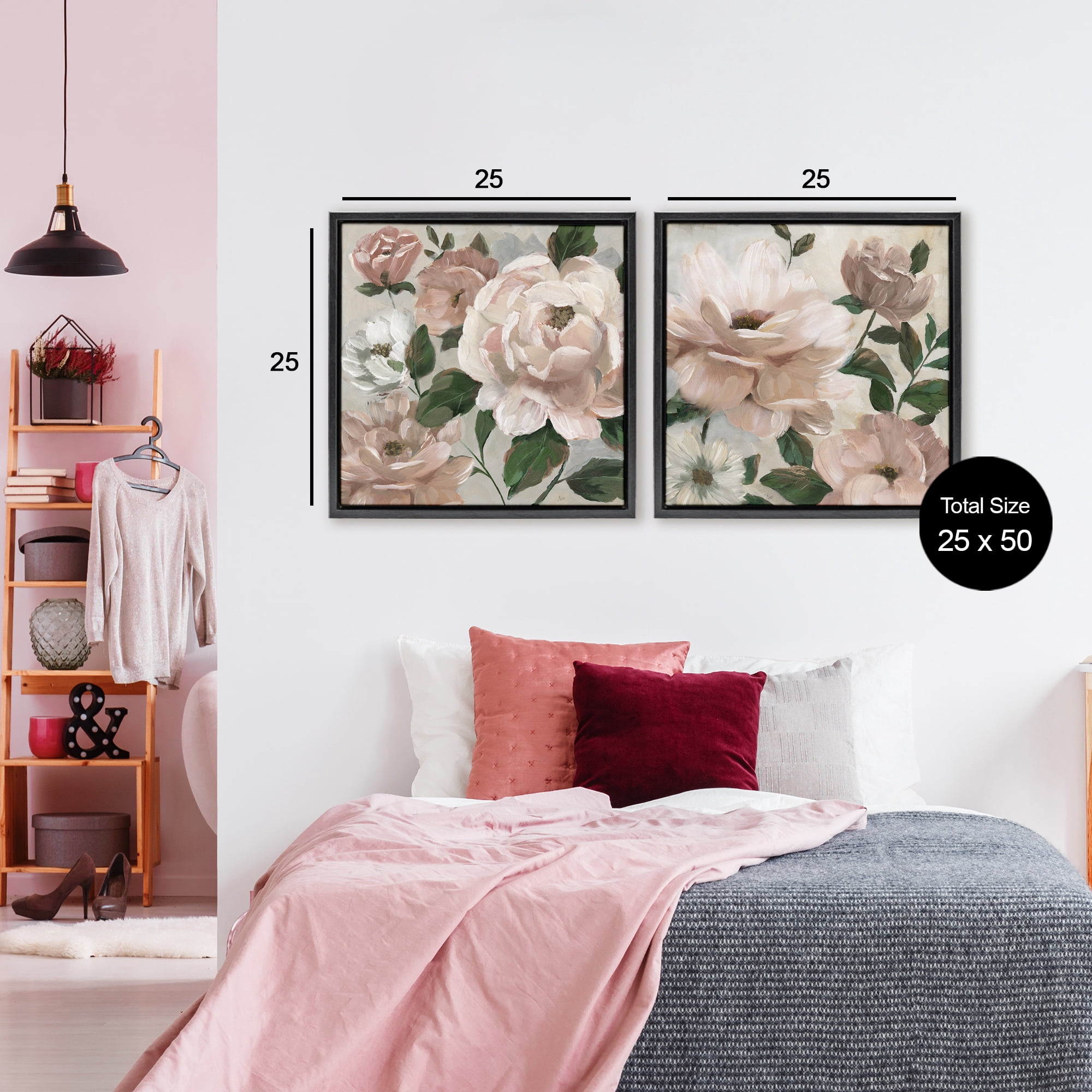 Stupell Industries Elegant Blush Peonies & Leaves 2 Piece Black Framed Floater Canvas Set, design by Nan