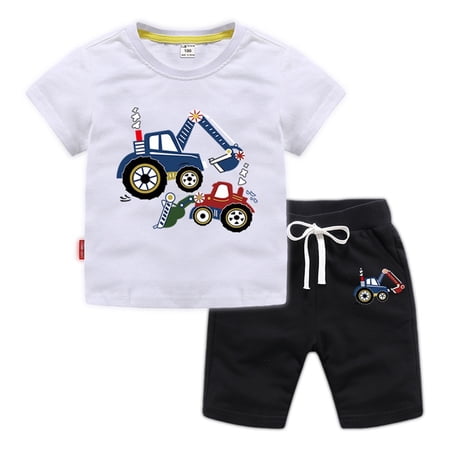 Esaierr Boys Outfit Set Clothes for Kids Baby Short Sleeve T Shirt Top 1-8Years Boys Shorts with Pocket Cute Cartoon Excavato Summer Outfit 2Pcs Set