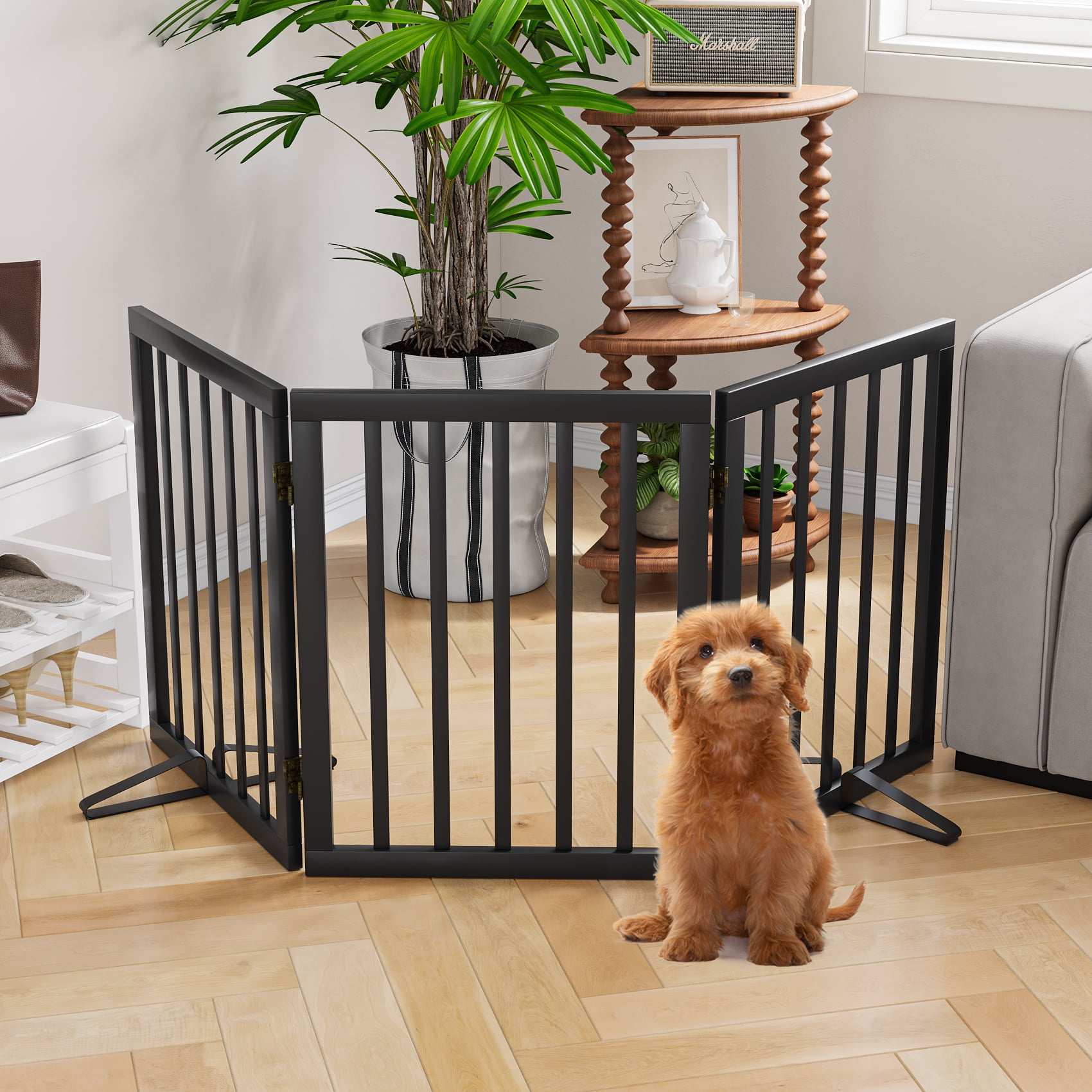 Algherohein Dog Gate for Inside,Bamboo Freestanding Pet Gate for Doorways,Indoor, 24" Black