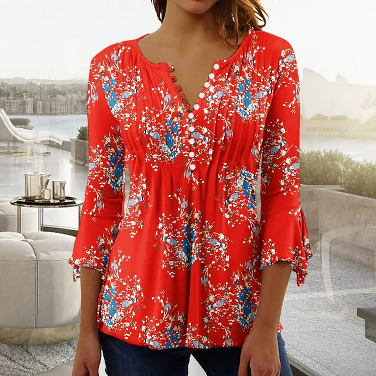 Ovticza Ladies Blouses and Tops Long Floral Flowy Plus Size Boho Tops  Clearance Button Down Women Compression Shirt Flare Elbow 3/4 Length Sleeve