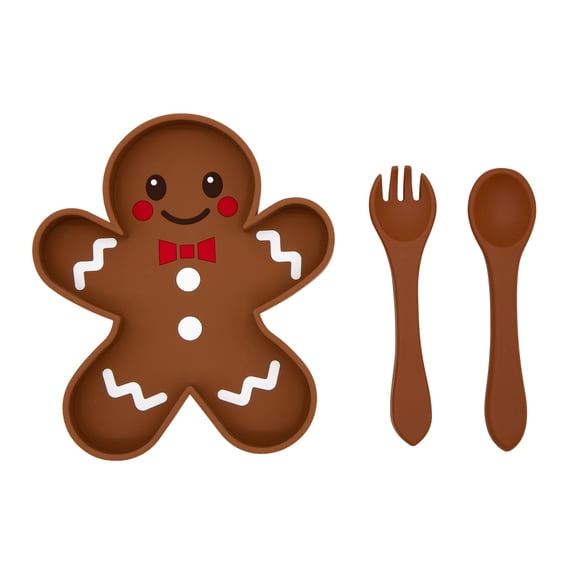 Baby Silicone Feeder Set, BabyX 3-pcs Gingerbread-themed Baby Plate with Suction, Spoon and Fork for Babies Toddler Kids, BPA-Free, Baby Utensils Feeding Supplies, Microwave and Dishwasher Safe