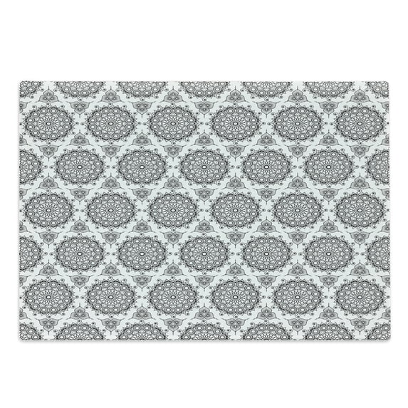 Tribal Cutting Board, South Eastern Folklore Design with Geometric Circles Wedding Themed Pattern, Decorative Tempered Glass Cutting and Serving Board, Large Size, Black and White, by Ambesonne
