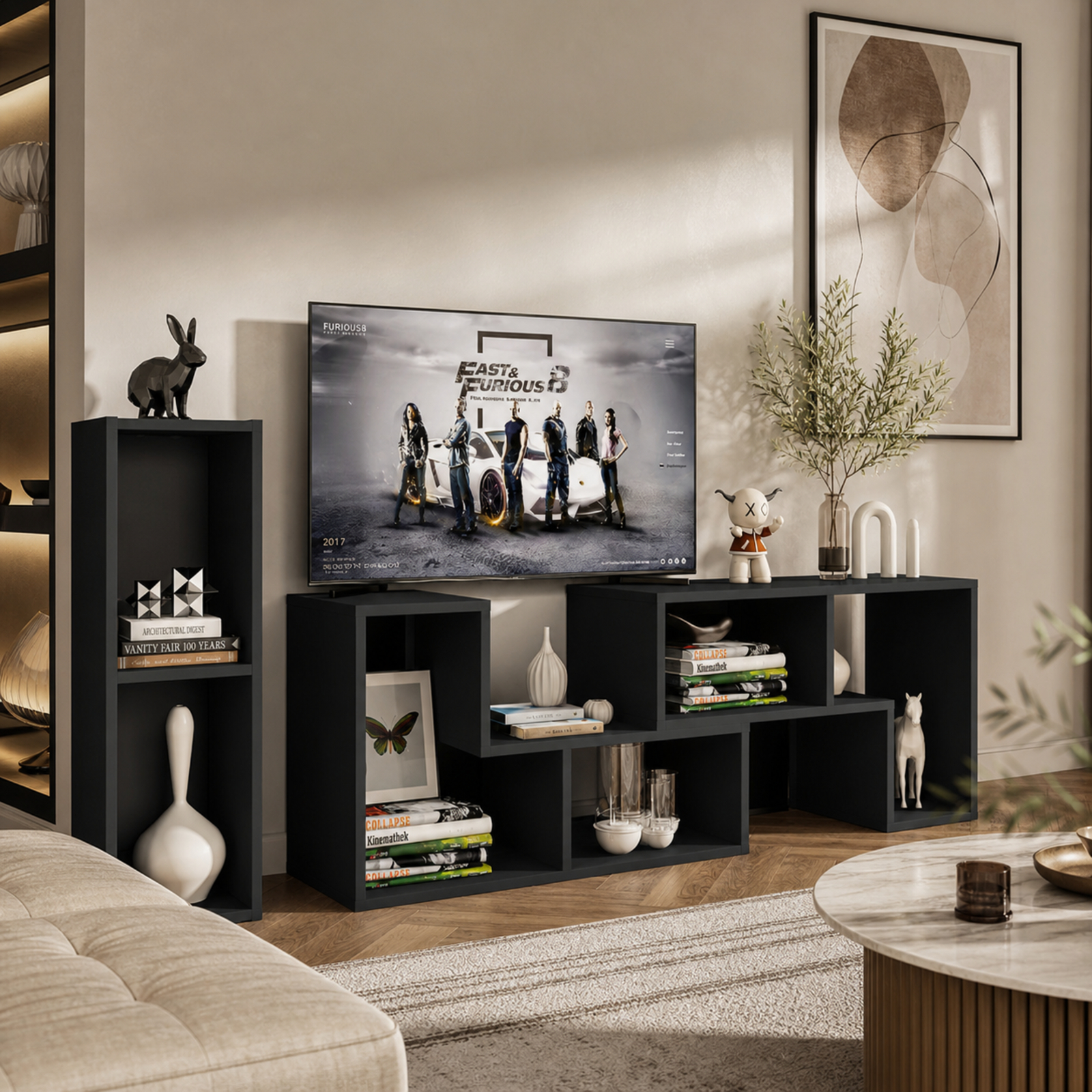 Furnibear 3 Pieces Adjustable TV Stand for TVs up to 65 Inch with Shelves for Living Room Bedroom Media Console Entertainment Center, Black
