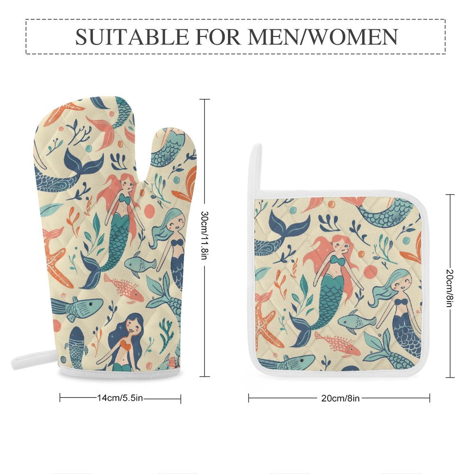 Ocean Cute Mermaid Oven Mitt And Pot Holder Set Oven Glove for Kitchen Baking Cooking Grilling