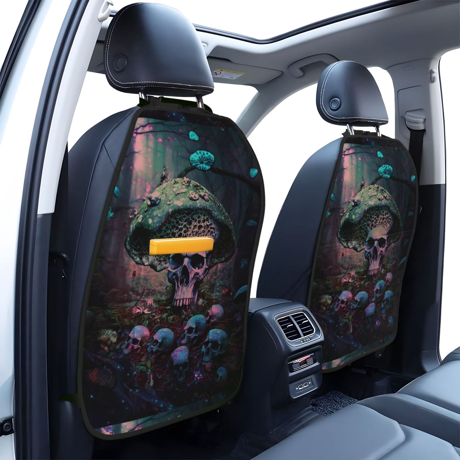 Xecao Forest Mushroom Skull Pattern Car Seat Back Protector 2 Pack Large Capacity Pocket, Kick Mats Back Seat Protector