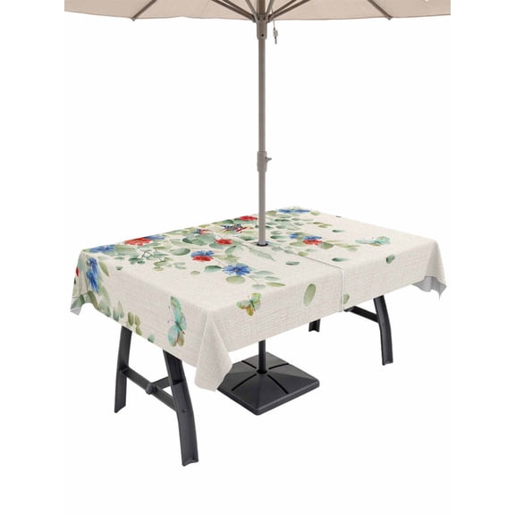 Outdoor Tablecloth with Umbrella Hole for Patio/Picnic/Party/Camping, Independence Day Waterproof Table Cloth Rectangle Table Cover Washable, Country Retro Eucalyptus Leaf Flowers (52"x 70")