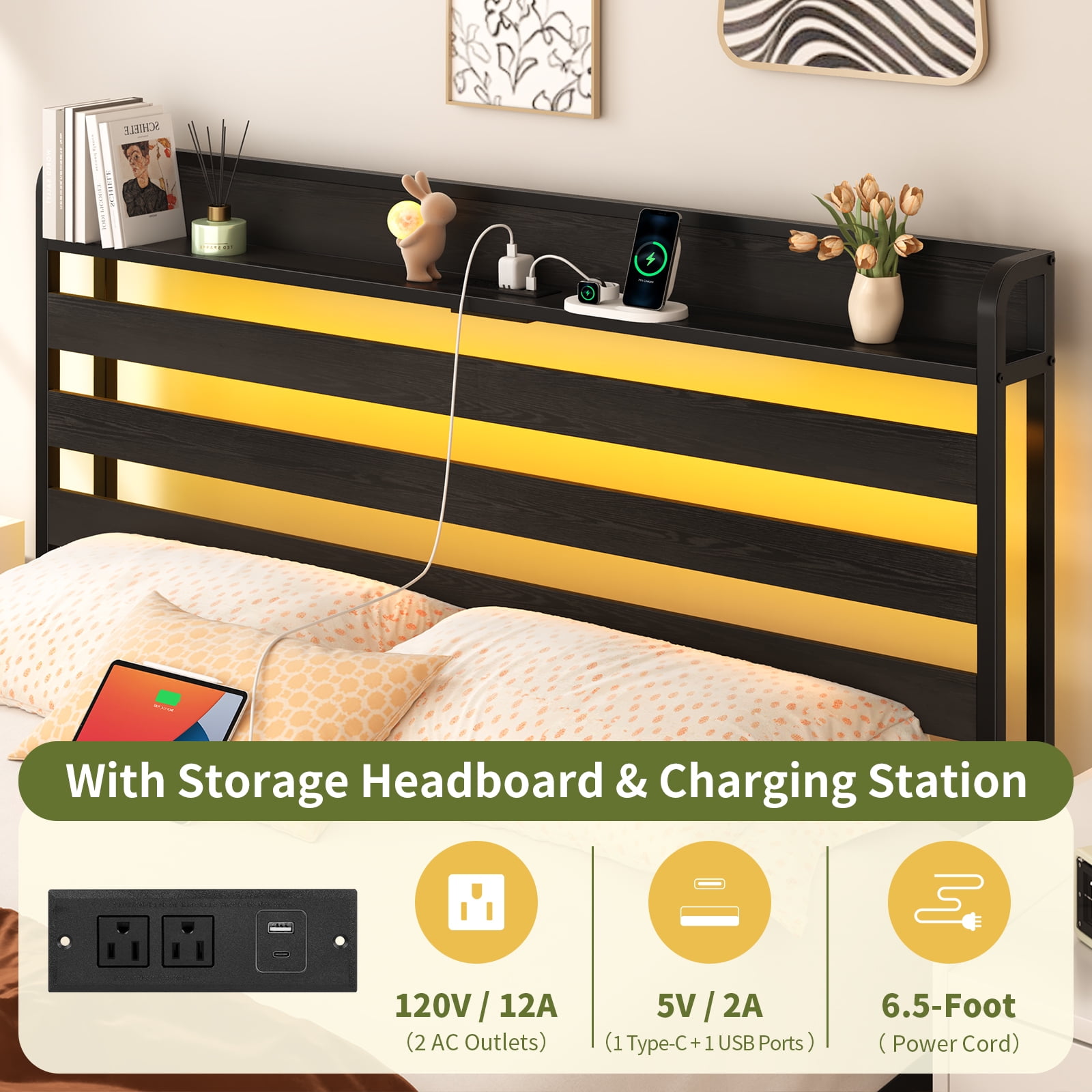 Yoobure Queen Bed Frame with USB Port&LED ,Standard Queen Size Bed Frame with Headboard,Black