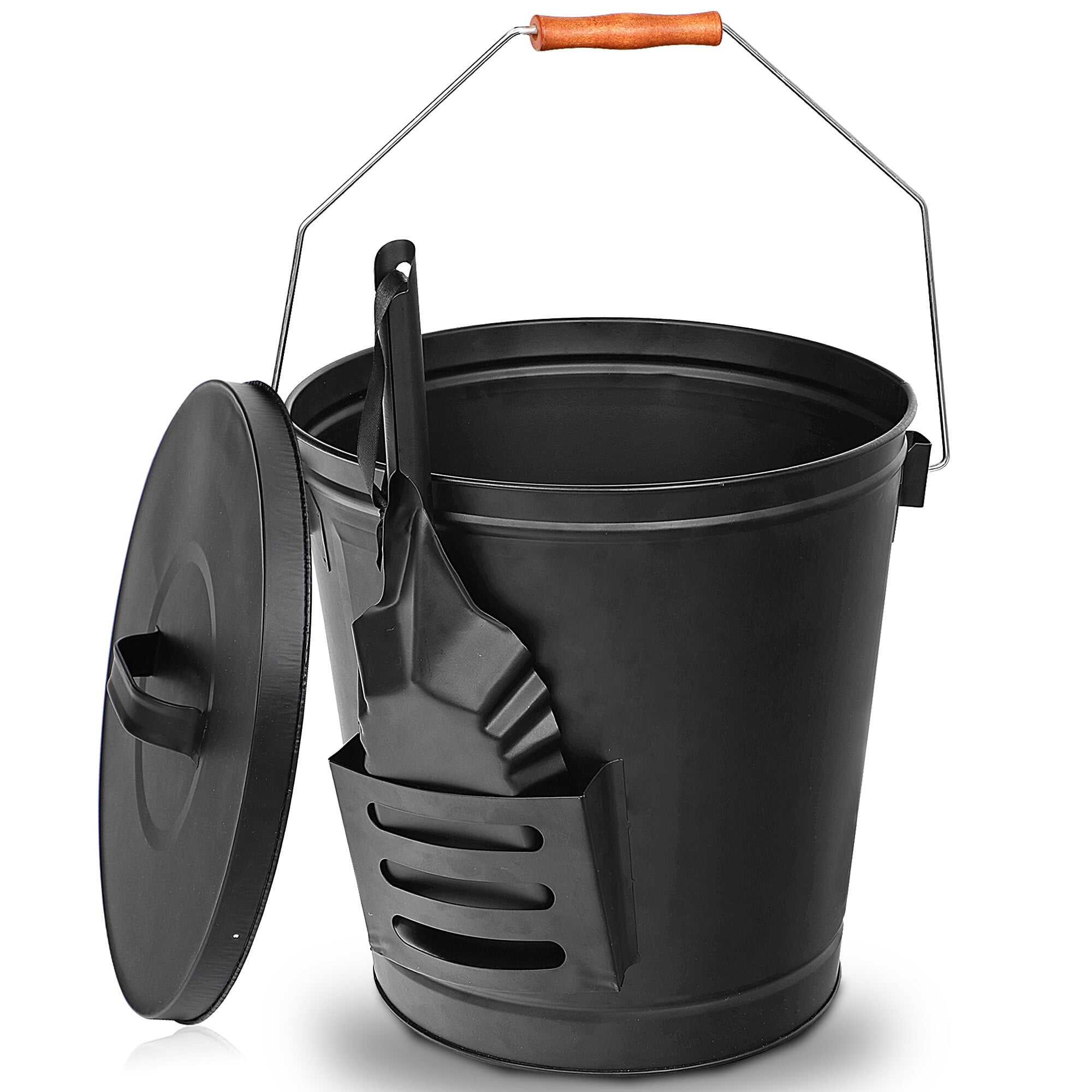 Deluxe Galvanized Ash Bucket with Handle, Lid and Double-Layer Bottom -  Charcoal Black