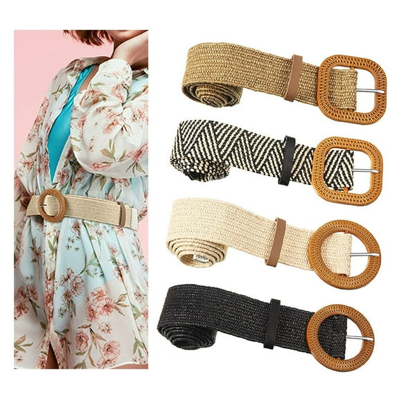 Cheers.US Woven Elastic Stretch Waist Belt Women Skinny Dress Belt Wooden Buckle Waist Dress Band