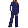 thumbnail image 2 of Dazajoo Women's 2 Piece Lounge Set Long Sleeve Pleated Front Top and Drawstring Pants with Pockets Beach Casual Solid Color Outdoor Suits,Blue,XL, 2 of 8