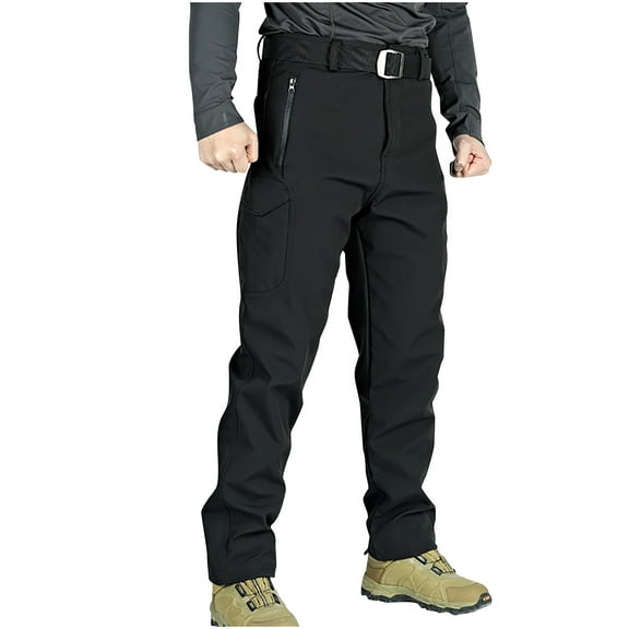 Lovskoo Men's 2024 Fleece Lined Cargo Pants Solid Color Multi Pocket Plush Warm Work Pants Black
