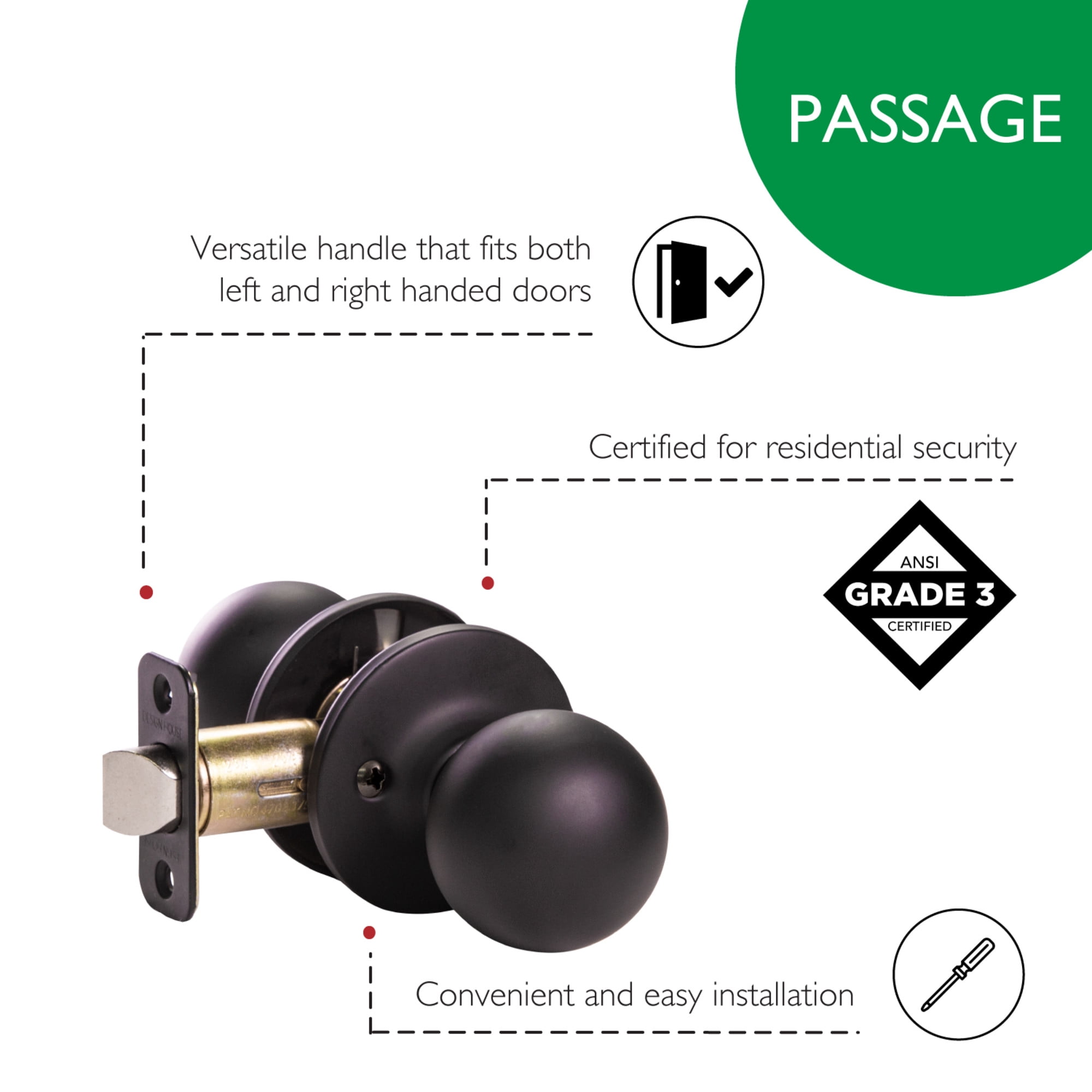 Ball Passage Door Knob, Hall and Closet, Matte Black Finish, Left or Right Hand