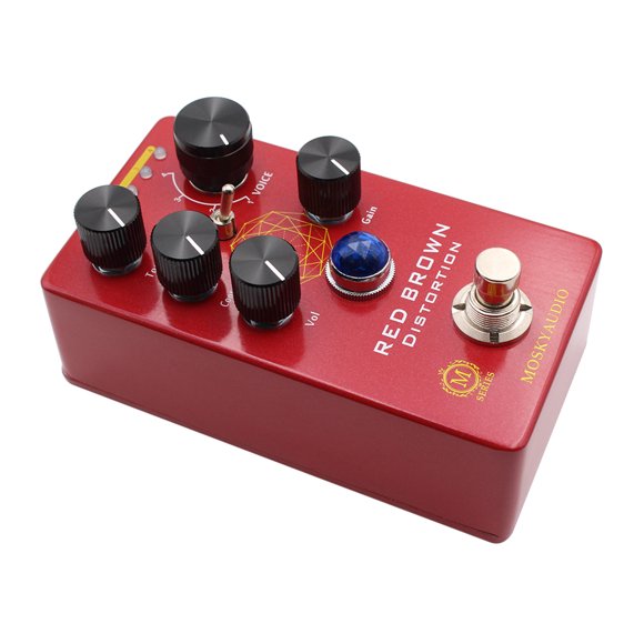 MOSKYAUDIO M-Series Distortion Guitar Effects Pedal with True Bypass - Red Aluminum Housing, 6.35mm I/O, Tone/Contour/Volume/Gain Controls, 4-MOD VOICE Switch & Boost Toggle - 11.5x6.5x5cm, 320g