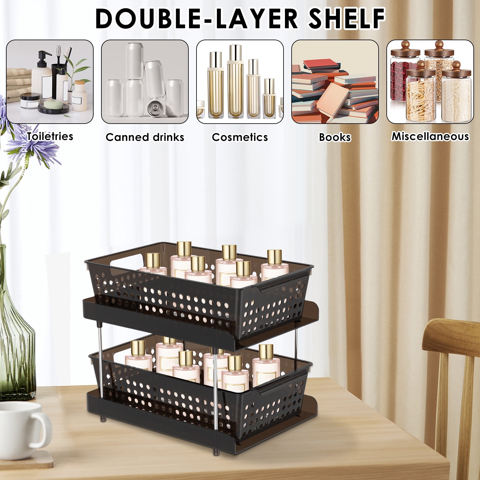 Dznils 2-Tier Under Sink Organizer and Storage, Pull Out Stackable Bathroom Cabinet Organizers Black