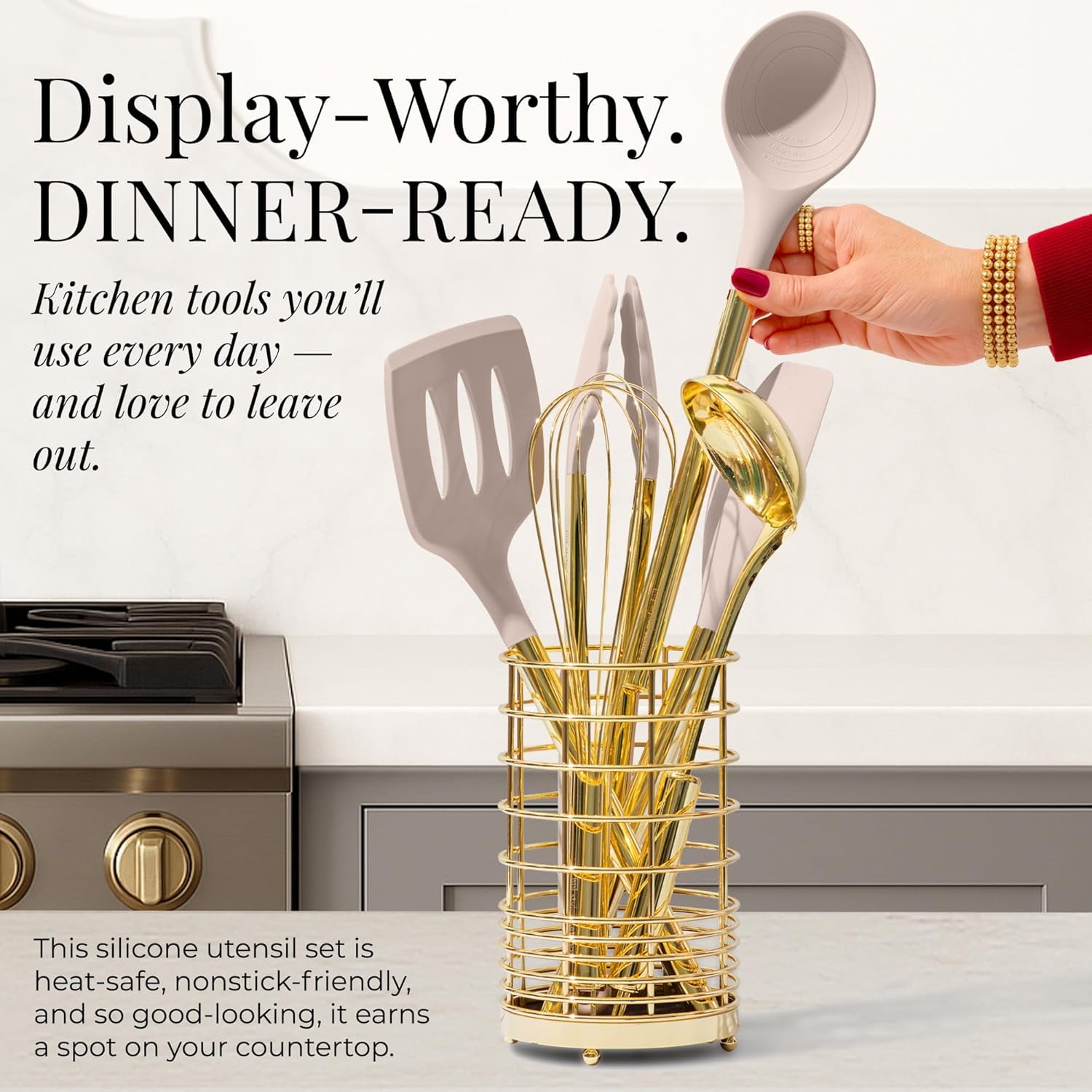 Styled Settings 23-Piece Gold and Beige Kitchen Utensils Set – Silicone Nonstick Cooking Tools with Measuring Cups, Garlic Press, Can Opener, and Utensil Holder
